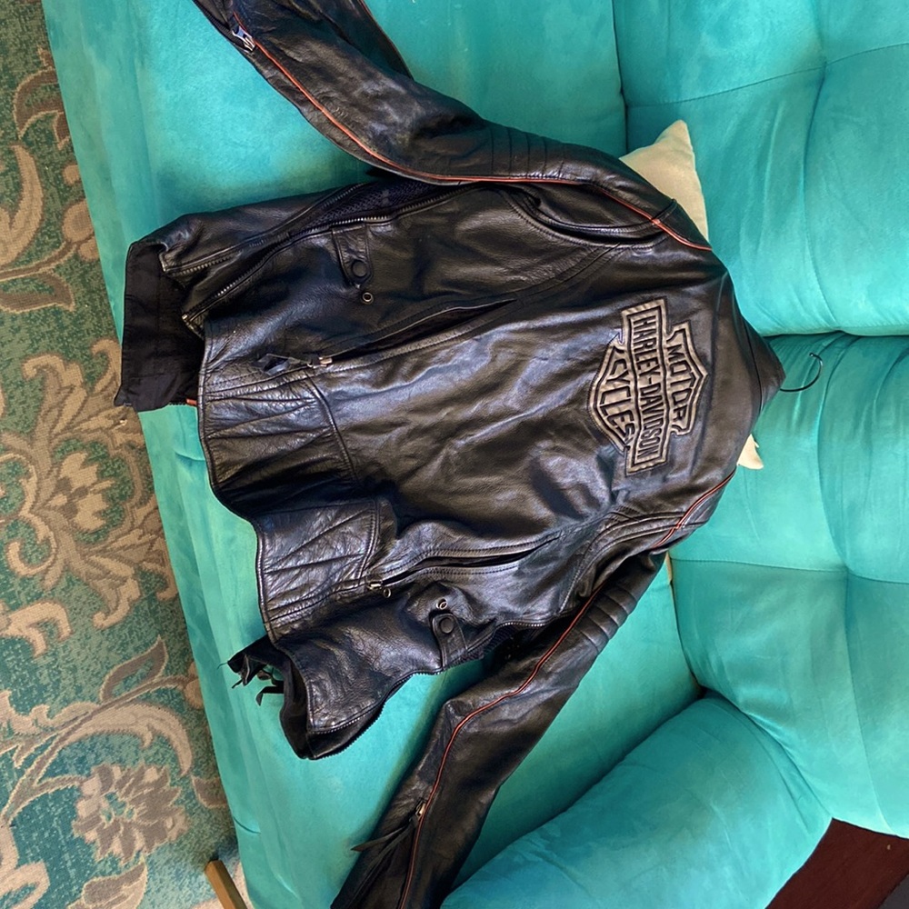 Leather Harley Davidson riding jacket with reflective letter